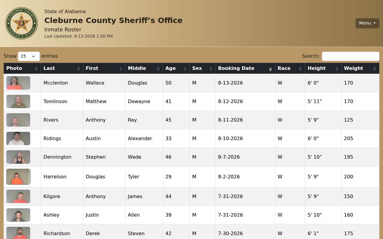 Cleburne County current jail roster and booking record interface